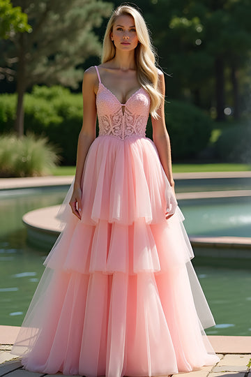 Pink Spaghetti Strap A Line Long Appliqued Ruffled Prom Dress